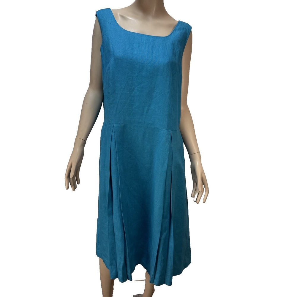 Talbots Turquoise Irish Linen Midi Dress Size 18W Sleeveless Square Neck Pockets